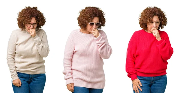 中年老妇人穿着冬季毛衣在白色孤立的背景感觉身体不适和咳嗽的症状感冒或支气管炎 医疗保健理念 — 图库照片