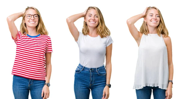 Collage Von Schönen Blonden Frau Über Weißen Isolierten Hintergrund Lächeln — Stockfoto