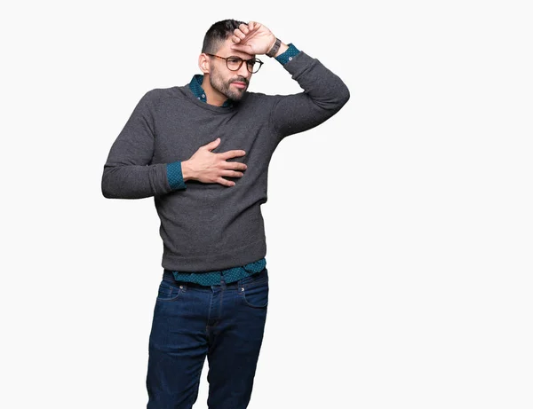 Young Handsome Man Wearing Glasses Isolated Background Touching Forehead Illness — Stock Photo, Image