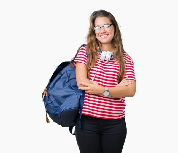 Jovem Bela Estudante Morena Usando Fones Ouvido Mochila Sobre Fundo — Fotografia de Stock