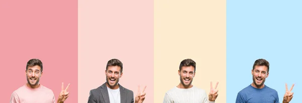 Collage Beau Jeune Homme Sur Des Rayures Colorées Arrière Plan — Photo