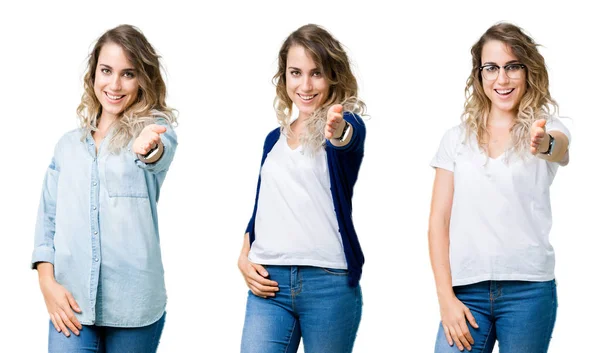 Colagem Jovem Linda Menina Loira Sobre Fundo Isolado Sorrindo Amigável — Fotografia de Stock