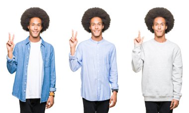 Gösterilen ve parmakları ile işaret beyaz izole arka plan üzerinde afro saçlı Genç adam kolaj ikincisi ise kendinden emin ve mutlu gülümseyerek.