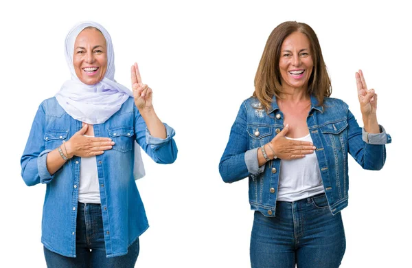 Collage Einer Schönen Arabischen Frau Mittleren Alters Über Isoliertem Hintergrund — Stockfoto
