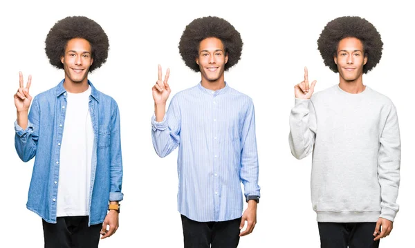 Collage Giovane Uomo Con Capelli Afro Sfondo Bianco Isolato Mostrando — Foto Stock