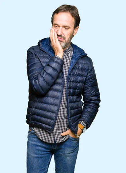 Middle Age Handsome Man Wearing Winter Coat Thinking Looking Tired — Stock Photo, Image
