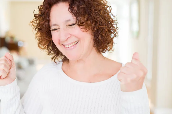 Beautiful Senior Woman Wearing White Sweater Excited Success Arms Raised — Stock Photo, Image