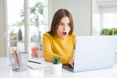 Bilgisayar laptop kullanarak okul için okuyan güzel genç kız sürpriz bir yüz, korkuyor ve korku ifadesi ile heyecanlı şok korkuyor