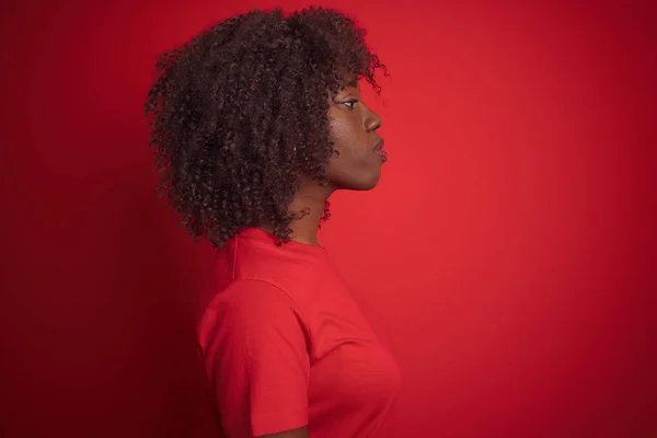Mujer Afro Africana Joven Usando Camiseta Pie Sobre Fondo Rojo —  Fotos de Stock