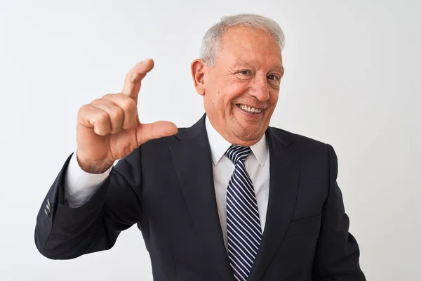 Senior Grey Haired Biznesmen Ubrany Garniturze Stojący Białym Tle Uśmiechem — Zdjęcie stockowe