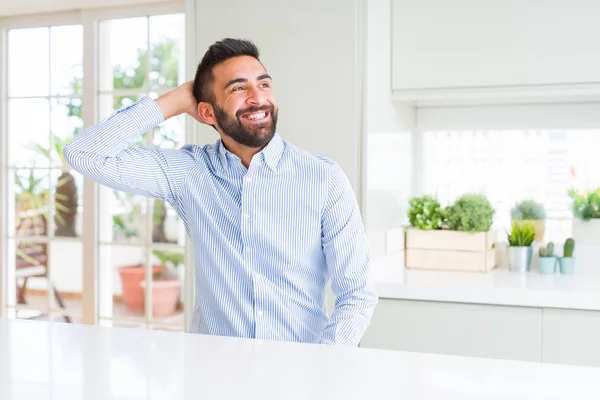 Handsome Hispanic Business Man Smiling Confident Touching Hair Hand Gesture — Stock Photo, Image
