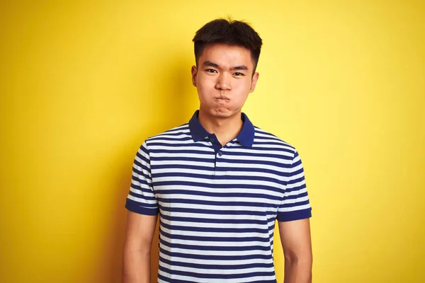 Молода Азіатська Китайська Людина Носить Смугасте Поло Стоячи Над Ізольованою — стокове фото