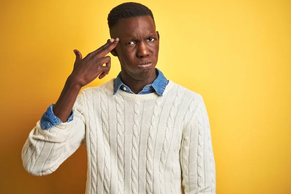 African American Man Wearing Denim Shirt White Sweater Isolated Yellow — Stock Photo, Image