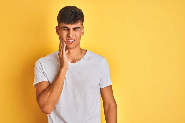 Young Indian Man Wearing White Shirt Standing Isolated Yellow Background — Stock Photo, Image