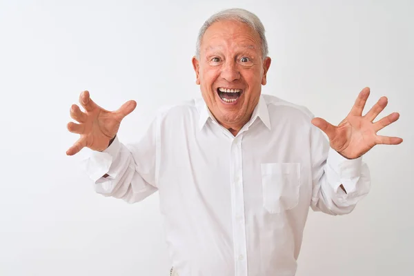 Ein Älterer Grauhaariger Mann Elegantem Hemd Steht Vor Isoliertem Weißen — Stockfoto