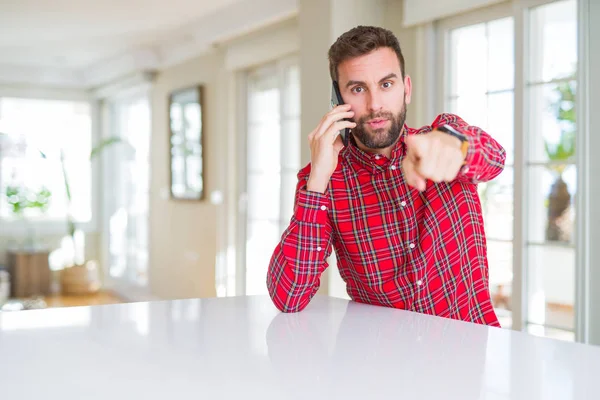 Handsome Man Talking Smartphone Pointing Finger Camera You Hand Sign — Stock Photo, Image