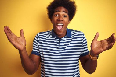 Afro saç ile Amerikan adam izole sarı arka plan üzerinde ayakta lacivert çizgili polo dikili deli kutluyor ve başarı için hayran silah ile yükseltilmiş ve açık gözleri heyecanlı çığlık. Kazanan kavramı