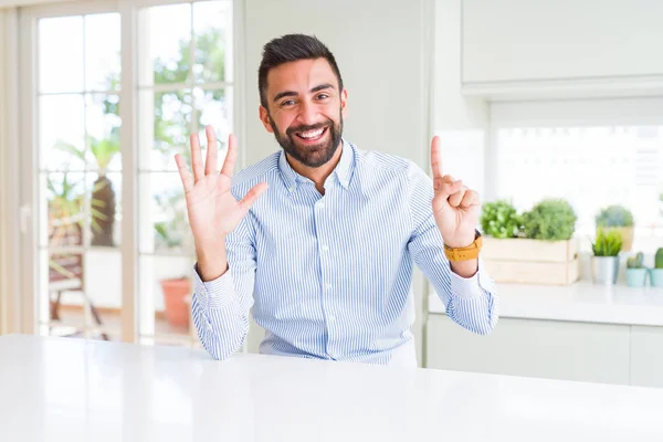 Handsome Hispanic Business Man Showing Pointing Fingers Number Six While — Stock Photo, Image