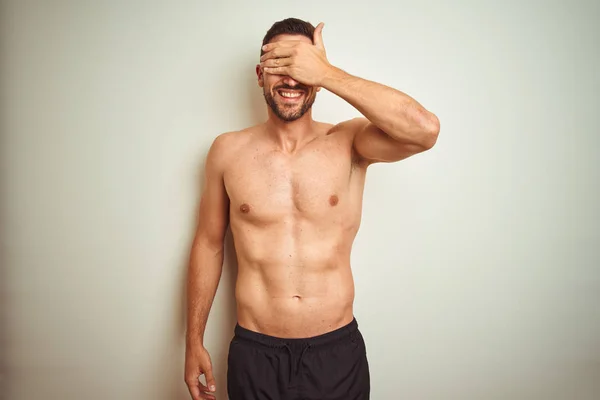 Young Handsome Shirtless Man Isolated Background Smiling Laughing Hand Face — Stock Photo, Image