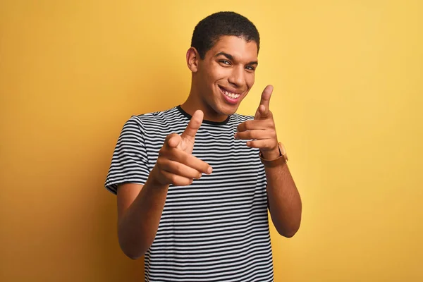 Young Handsome Arab Man Wearing Navy Striped Shirt Isolated Yellow — Stock Photo, Image