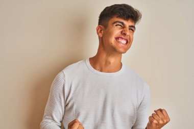 Genç hintli adam izole beyaz arka plan üzerinde duran kazak giyen çok mutlu ve heyecanlı kolları kaldırdı ile kazanan jest yapıyor, gülümseyerek ve başarı için çığlık. Kutlama konsepti.