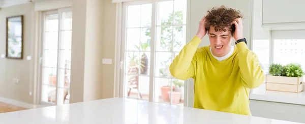 Wide Angle Shot Young Handsome Man Home Suffering Headache Desperate — Stock Photo, Image