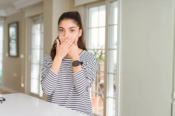 Young Beautiful Woman Home Shocked Covering Mouth Hands Mistake Secret — Stock Photo, Image