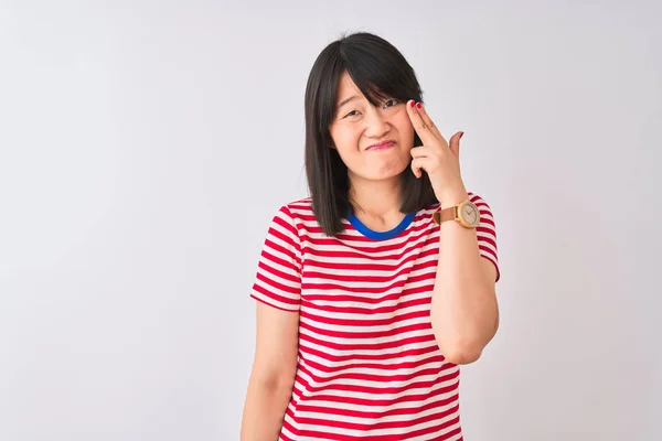 Young Beautiful Chinese Woman Wearing Red Striped Shirt Isolated White — Stock Photo, Image