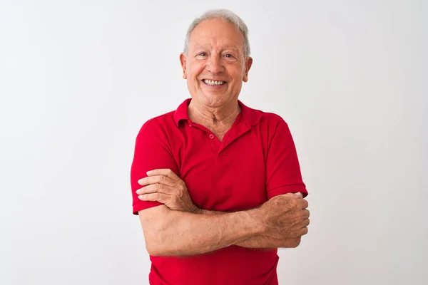 Hombre Mayor Pelo Gris Con Polo Rojo Pie Sobre Fondo — Foto de Stock