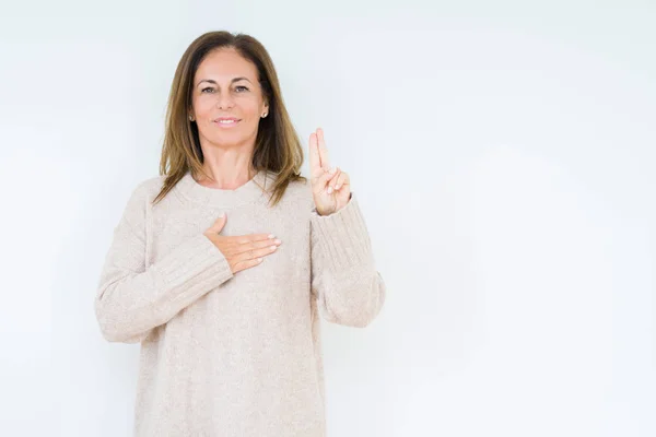 Mooie Middeleeuwen Vrouw Geïsoleerde Achtergrond Vloeken Met Hand Borst Vingers — Stockfoto