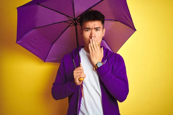 Asiático Chinês Homem Vestindo Roxo Guarda Chuva Sobre Isolado Amarelo — Fotografia de Stock