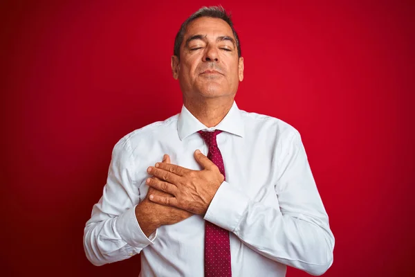 Hombre Negocios Guapo Mediana Edad Pie Sobre Fondo Rojo Aislado —  Fotos de Stock