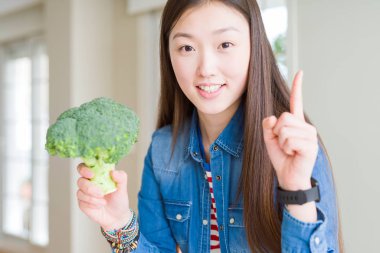 Yeşil taze brokoli bir fikir ya da soru işaret parmağı gülen yüz, bir numara ile sürpriz yemek güzel Asyalı kadın