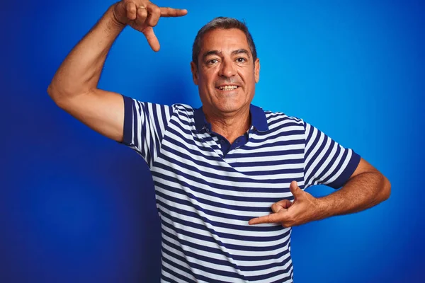 Handsome Middle Age Man Wearing Striped Polo Standing Isolated Blue — Stock Photo, Image