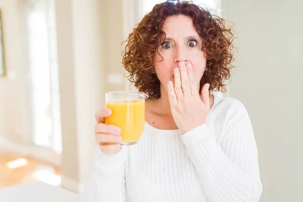 Senior Woman Driking Glass Fresh Orange Juice Cover Mouth Hand — Stock Photo, Image