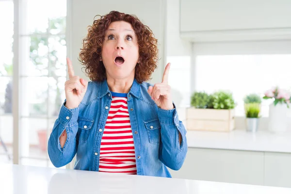 Middle Age Senior Woman Curly Hair Wearing Denim Jacket Home — Stock Photo, Image