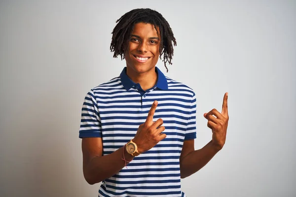 Afro Man Dreadlocks Wearing Striped Blue Polo Standing Isolated White — Stock Photo, Image