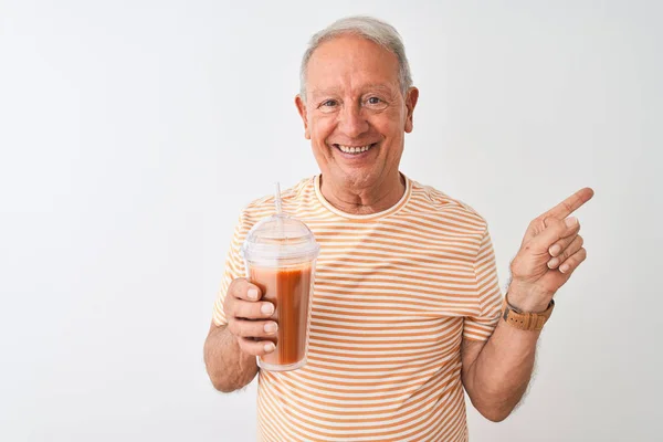 Senior Man Wearing Striped Shirt Drinking Tomato Smoothie Isolated White — Stock Photo, Image