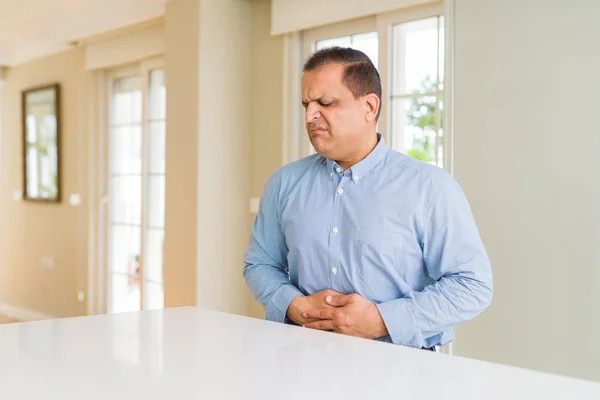 Middle Age Man Sitting Home Hand Stomach Because Nausea Painful — Stock Photo, Image