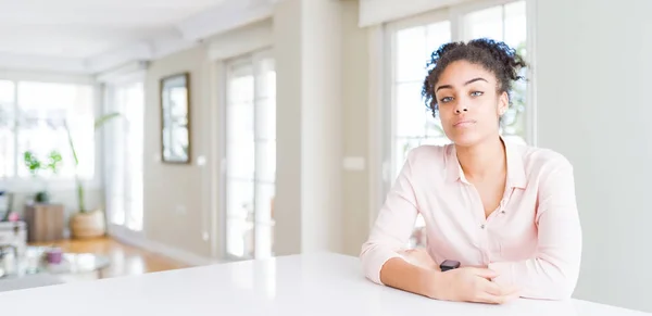 Wide Angle Beautiful African American Woman Afro Hair Looking Sleepy — Stock Photo, Image