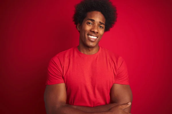 Fiatal Amerikai Férfi Afro Hajjal Visel Póló Alatt Álló Elszigetelt — Stock Fotó