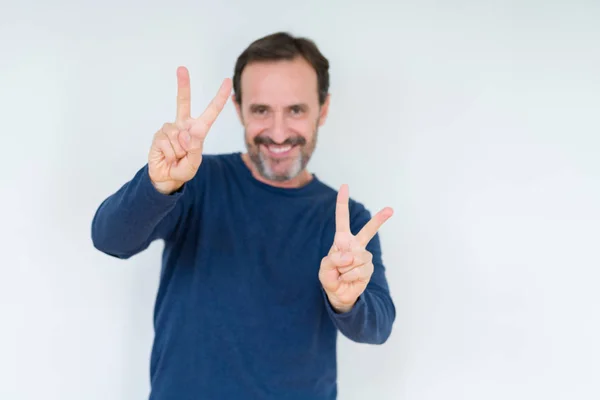 Elegant Senior Man Isolated Background Smiling Looking Camera Showing Fingers — Stock Photo, Image