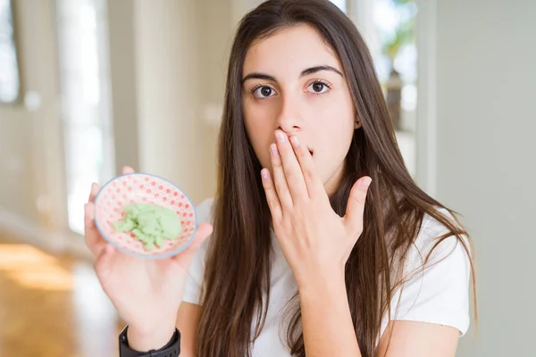 Beautiful Young Woman Holding Spicy Asian Wasabi Cover Mouth Hand — Stock Photo, Image