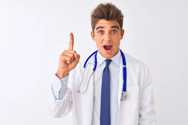 Young Handsome Doctor Man Wearing Stethoscope Isolated White Background Pointing — Stock Photo, Image