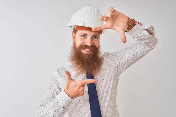 Young Redhead Irish Architect Man Wearing Security Helmet Isolated White — Stock Photo, Image