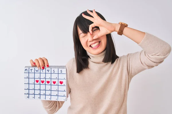 Jonge Mooie Chinese Vrouw Die Menstruatie Kalender Geïsoleerde Witte Achtergrond — Stockfoto