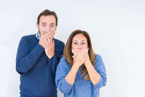 Beautiful Middle Age Couple Love Isolated Background Shocked Covering Mouth — Stock Photo, Image