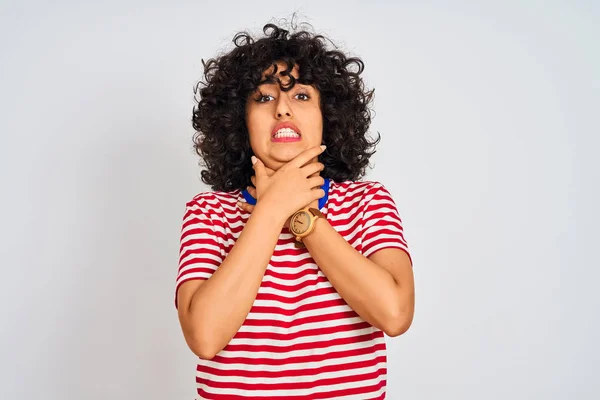 Young Arab Woman Curly Hair Wearing Striped Shirt Isolated White — Stock Photo, Image