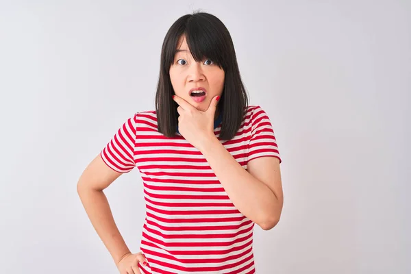 Young Beautiful Chinese Woman Wearing Red Striped Shirt Isolated White — Stock Photo, Image