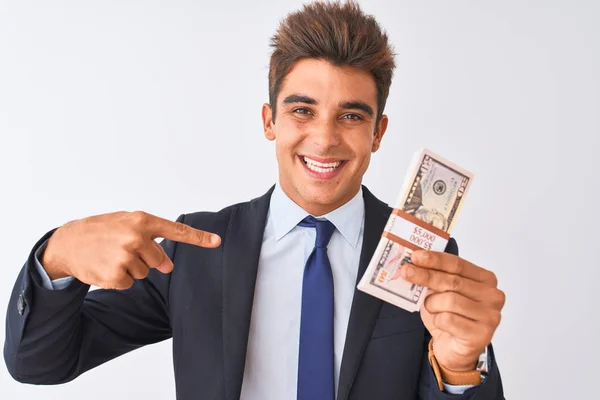 Joven Hombre Negocios Guapo Con Traje Sosteniendo Dólares Sobre Fondo — Foto de Stock